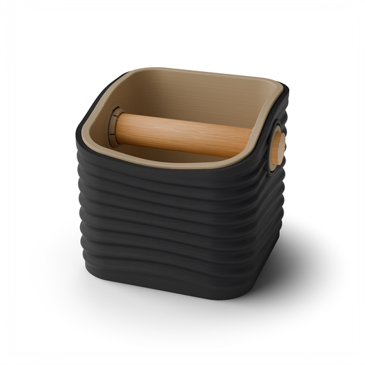 Ripple Rounded Square Espresso Knock Box | Two-Tone with Oak Bar